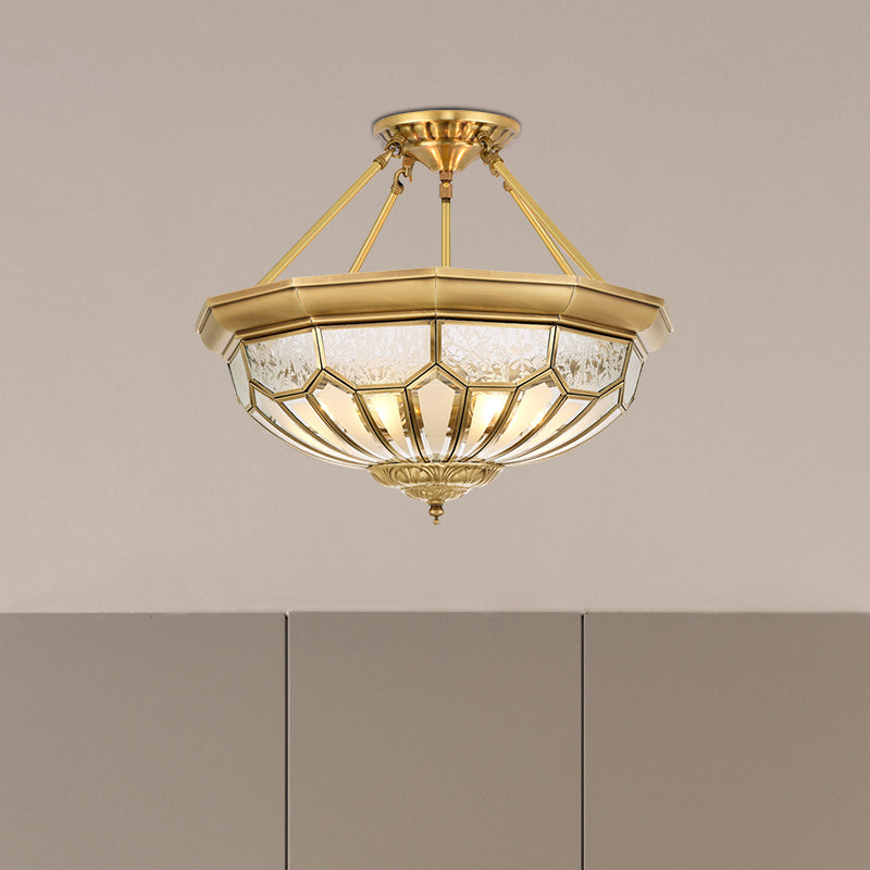 Antique Frosted Glass Bedroom Semi Flush Light - Wide Bowl, Gold Finish - 4/6 Lights - 18"/19.5" Semi Mount Lighting