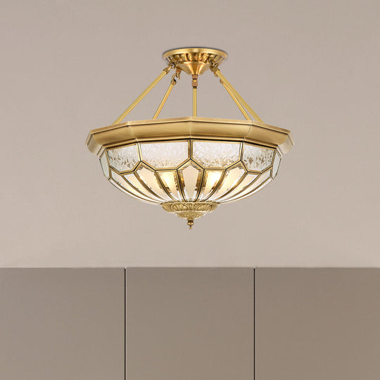 Antique Frosted Glass Bedroom Semi Flush Light - Wide Bowl, Gold Finish - 4/6 Lights - 18"/19.5" Semi Mount Lighting