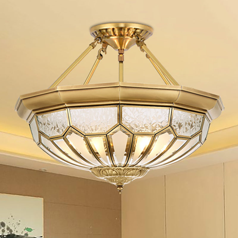 Antique Frosted Glass Bedroom Semi Flush Light - Wide Bowl, Gold Finish - 4/6 Lights - 18"/19.5" Semi Mount Lighting