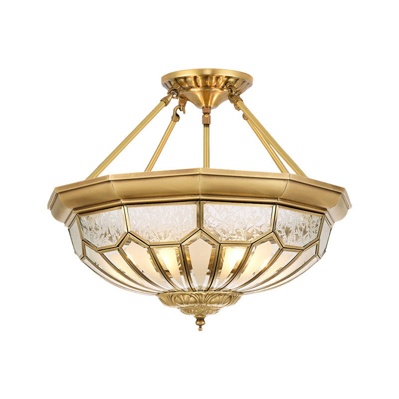 Antique Frosted Glass Bedroom Semi Flush Light - Wide Bowl, Gold Finish - 4/6 Lights - 18"/19.5" Semi Mount Lighting