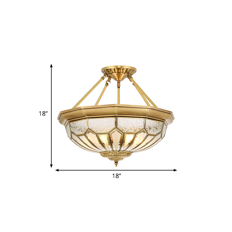 Antique Frosted Glass Bedroom Semi Flush Light - Wide Bowl, Gold Finish - 4/6 Lights - 18"/19.5" Semi Mount Lighting