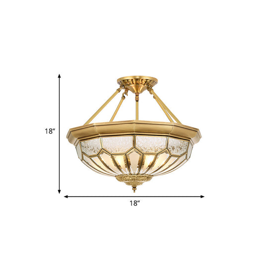 Antique Frosted Glass Bedroom Semi Flush Light - Wide Bowl, Gold Finish - 4/6 Lights - 18"/19.5" Semi Mount Lighting