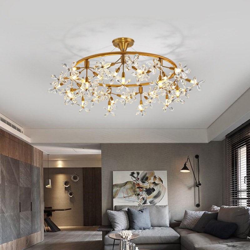 Modern Floral Crystal Pendant Light: 20/30 Bulbs Brass Ceiling Fixture - 23.5/31.5 Wide