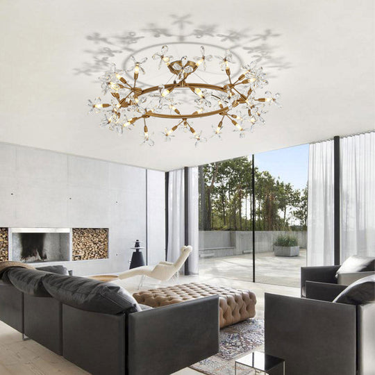 Modern Floral Crystal Pendant Light: 20/30 Bulbs Brass Ceiling Fixture - 23.5/31.5 Wide