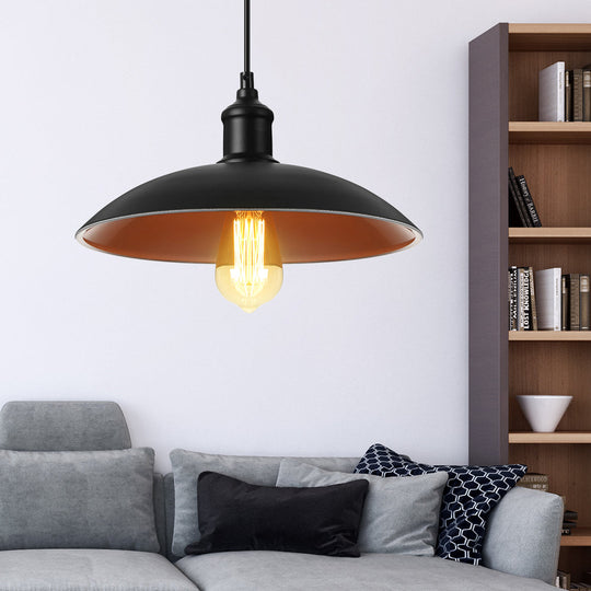 Metallic Loft Style Pendant Lamp with Saucer Shade for Living Room, Black/White - 12.5"/16" W