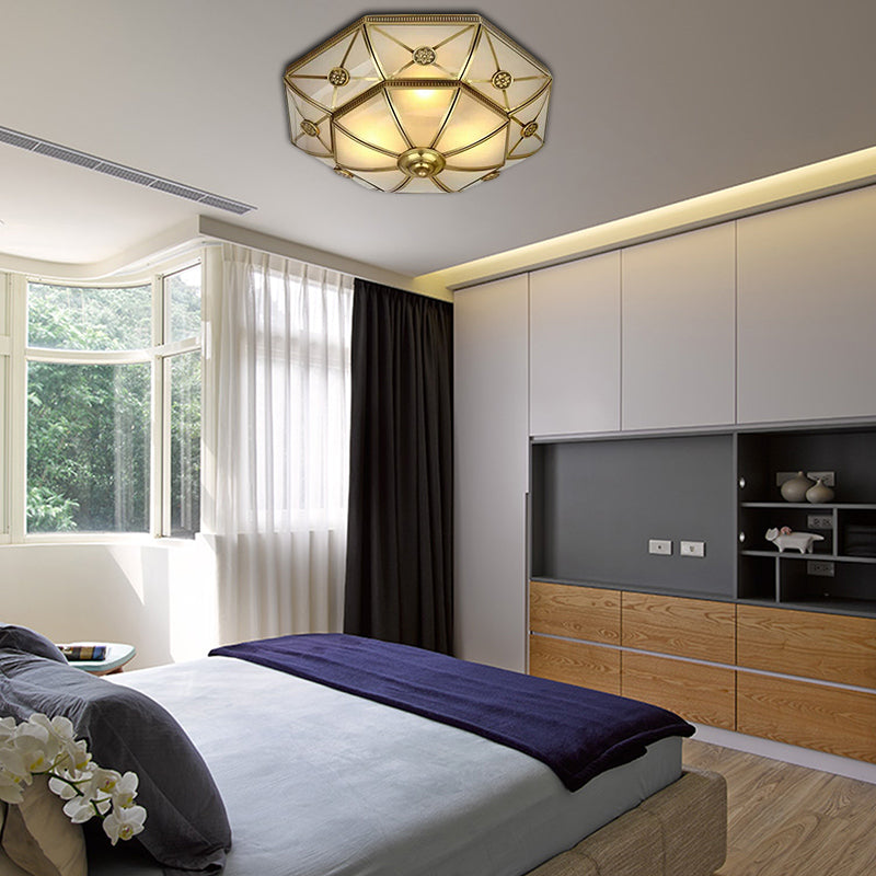 Traditional Brass Flush Mount Ceiling Light Fixture With Frosted Glass Flower Design For Bedroom