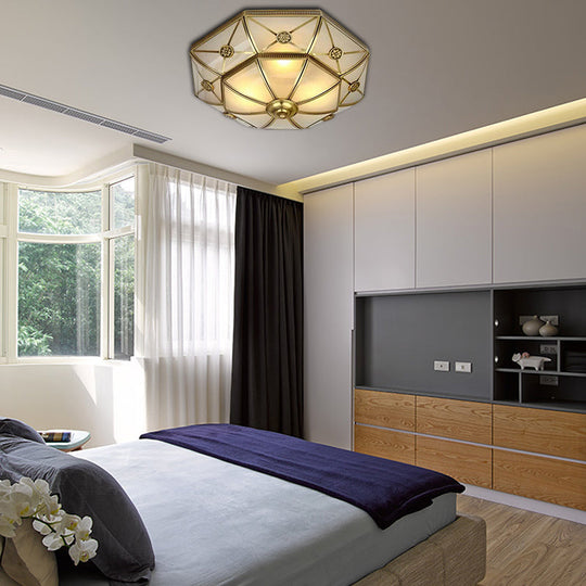 Traditional Brass Flush Mount Ceiling Light Fixture With Frosted Glass Flower Design For Bedroom