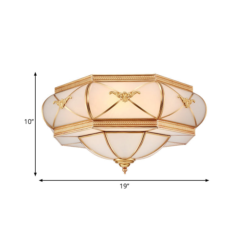 Traditional Flower Curved Frosted Glass Flush Mount Ceiling Light In Gold - 3/4/6 Lights For Bedroom