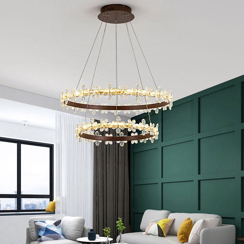 Modern Crystal Round Chandelier Lamp - Led Gold/Coffee Pendant Light Fixture In Warm/White 19.5/27.5