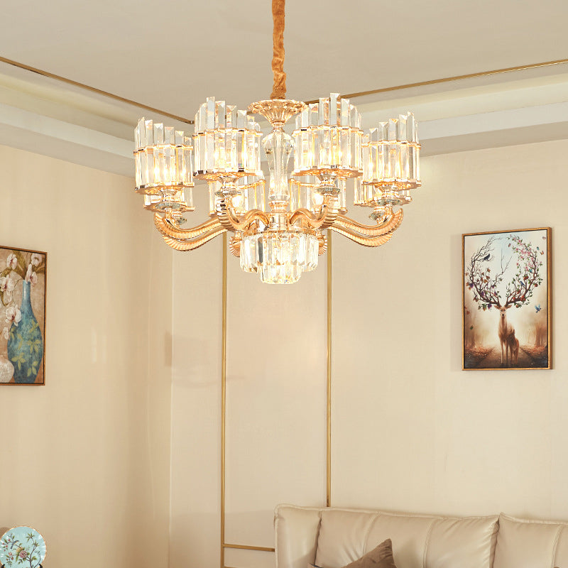 Modern Crystal Chandelier Light With Curved Metal Arm - Gold 6/8 Bulbs 23.5/27 Wide Suspended