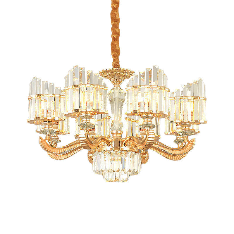 Modern Crystal Chandelier Light With Curved Metal Arm - Gold 6/8 Bulbs 23.5/27 Wide Suspended