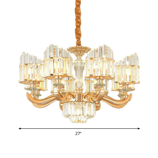 Modern Crystal Chandelier Light With Curved Metal Arm - Gold 6/8 Bulbs 23.5/27 Wide Suspended