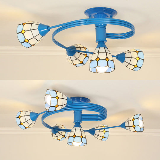 Mediterranean Stained Glass Flush Ceiling Light with Blue Bowl Design - Perfect for Bedroom (4/6 Lights)