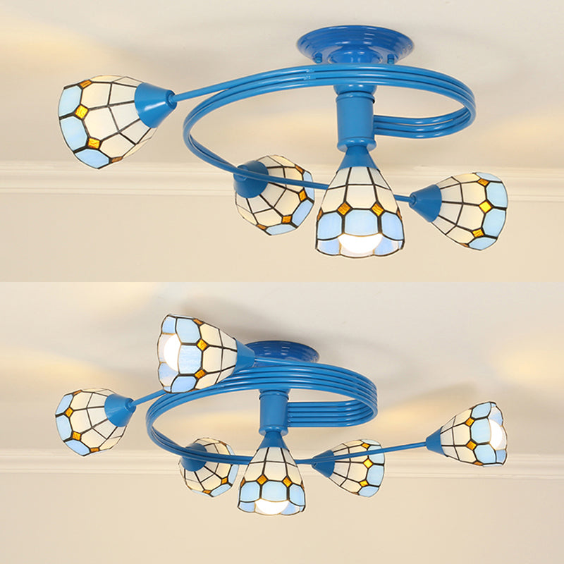 Blue Bowl Stained Glass Flush Ceiling Light - 4/6 Lights Perfect For Bedroom