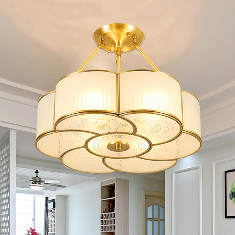 Traditional Brass Semi-Flush Flower Ceiling Light with White Curved Glass Shade - 4/6 Lights, 18"/23.5" Widths