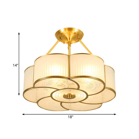 Traditional Brass Semi-Flush Flower Ceiling Light with White Curved Glass Shade - 4/6 Lights, 18"/23.5" Widths