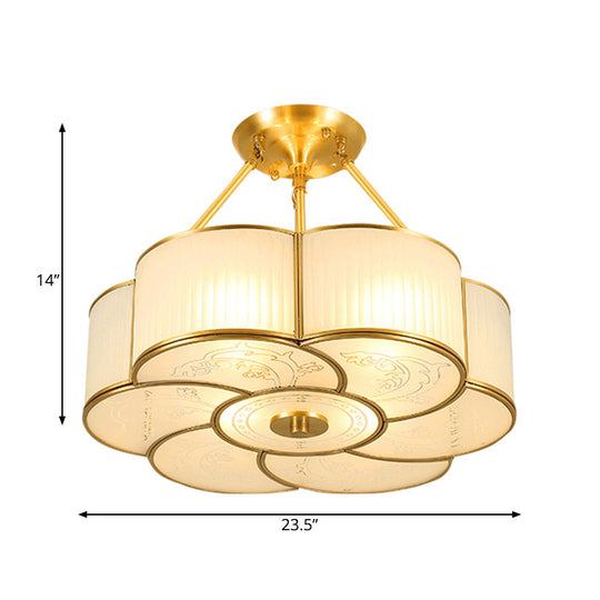 Traditional Brass Semi-Flush Flower Ceiling Light with White Curved Glass Shade - 4/6 Lights, 18"/23.5" Widths