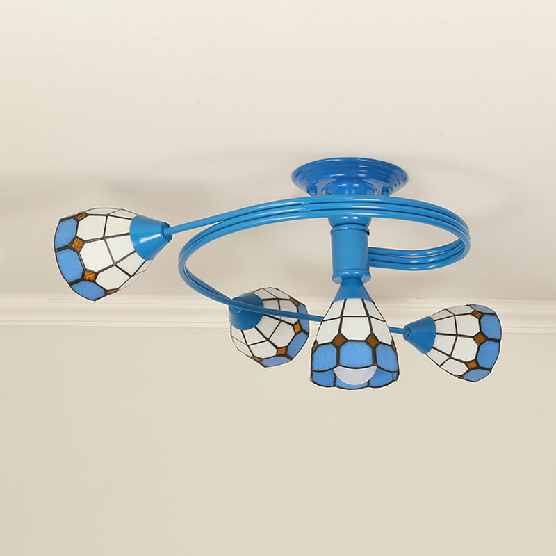 Blue Bowl Stained Glass Flush Ceiling Light - 4/6 Lights Perfect For Bedroom