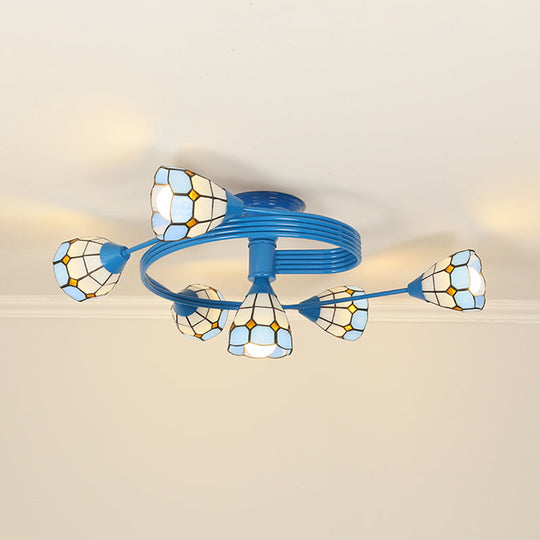 Mediterranean Stained Glass Flush Ceiling Light with Blue Bowl Design - Perfect for Bedroom (4/6 Lights)