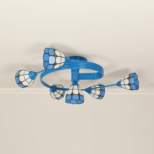 Mediterranean Stained Glass Flush Ceiling Light with Blue Bowl Design - Perfect for Bedroom (4/6 Lights)