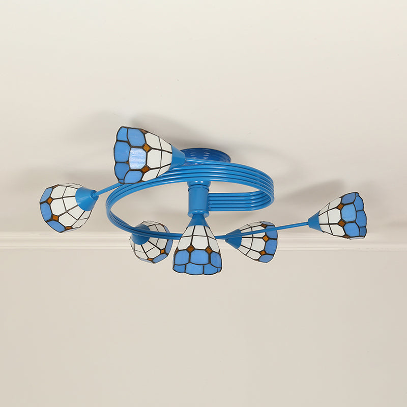 Blue Bowl Stained Glass Flush Ceiling Light - 4/6 Lights Perfect For Bedroom