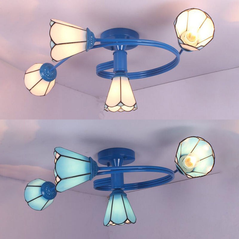 4-Light Tiffany Style Stained Glass Cone Semi Flush Ceiling Light In White/Blue For Living Room