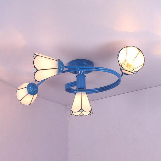 4-Light Tiffany Style Stained Glass Cone Semi Flush Ceiling Light In White/Blue For Living Room