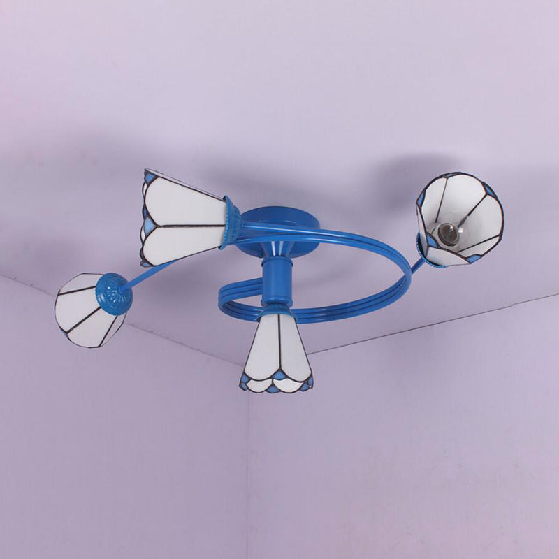 4-Light Tiffany Style Stained Glass Cone Semi Flush Ceiling Light In White/Blue For Living Room