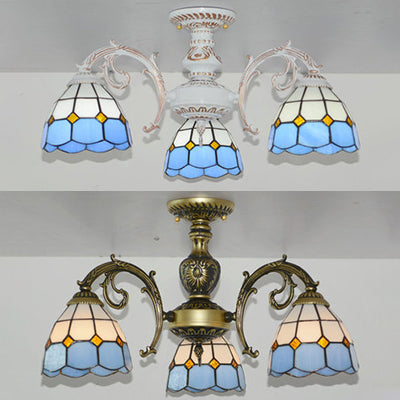 Lodge Style Stained Glass Semi Flush Light for Foyer - 3 Lights Bowl in White/Antique Brass