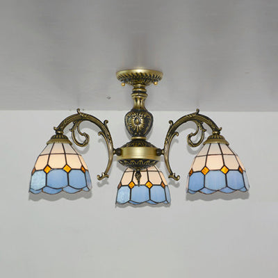 Lodge-Style Semi-Flush Stained Glass Light In White/Antique Brass For Foyer Antique