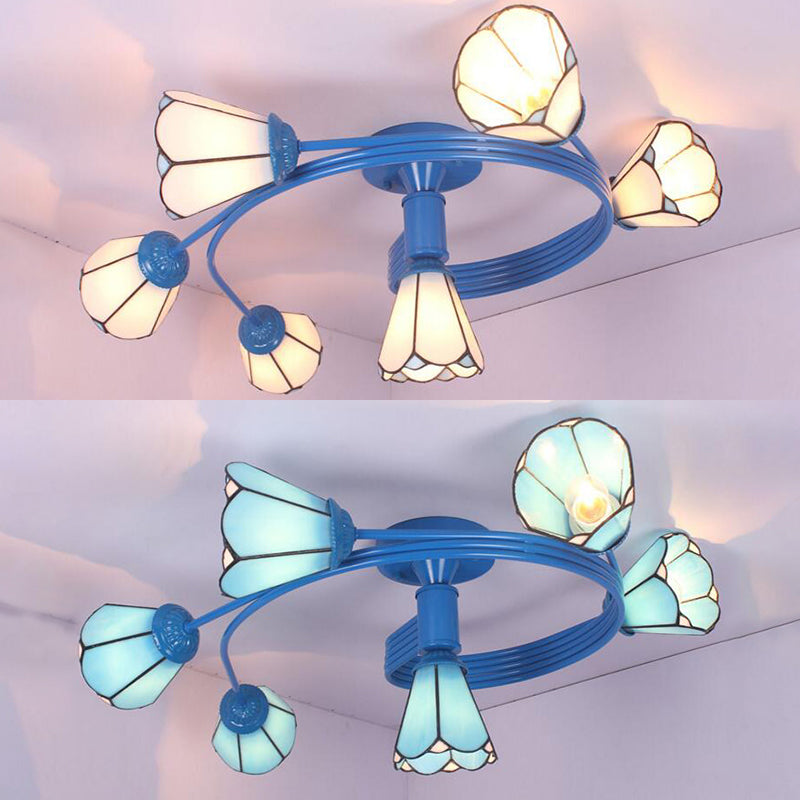 Tiffany Stained Glass Semi-Flush Light with White/Blue Motif - Ideal for Bedroom Ambiance