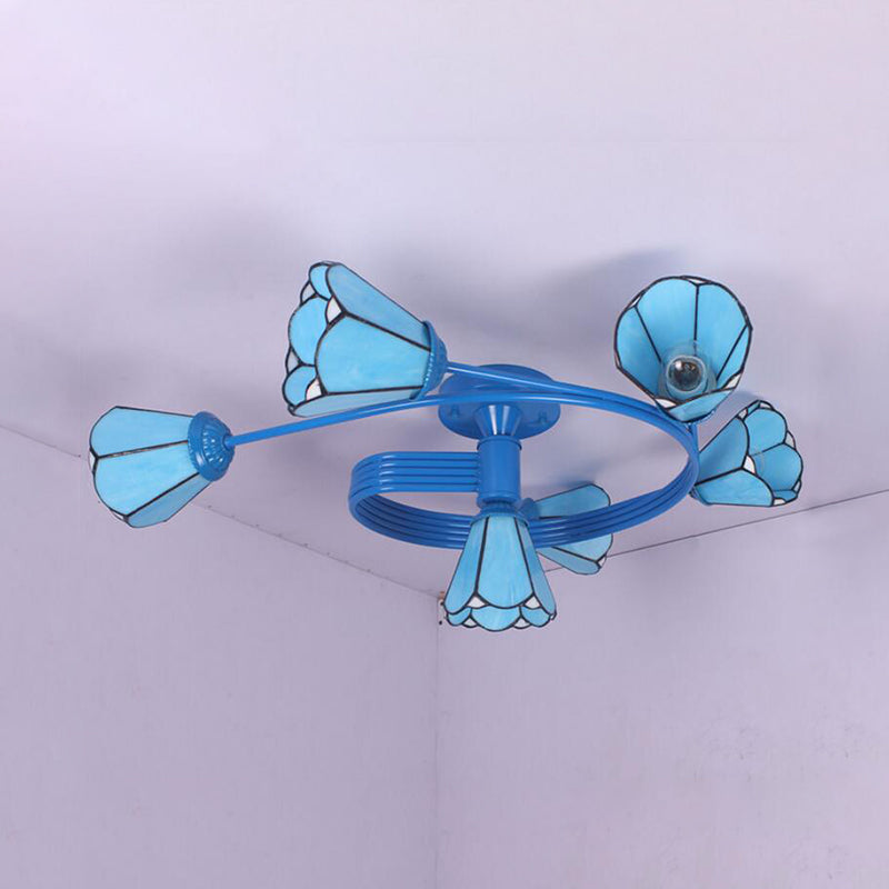 Tiffany Stained Glass Semi-Flush Light with White/Blue Motif - Ideal for Bedroom Ambiance