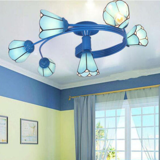 Tiffany Stained Glass Semi-Flush Light with White/Blue Motif - Ideal for Bedroom Ambiance