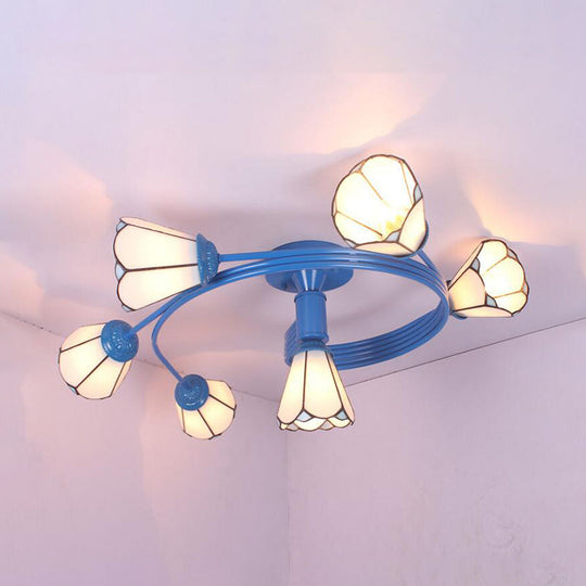 Tiffany Stained Glass Semi-Flush Light with White/Blue Motif - Ideal for Bedroom Ambiance