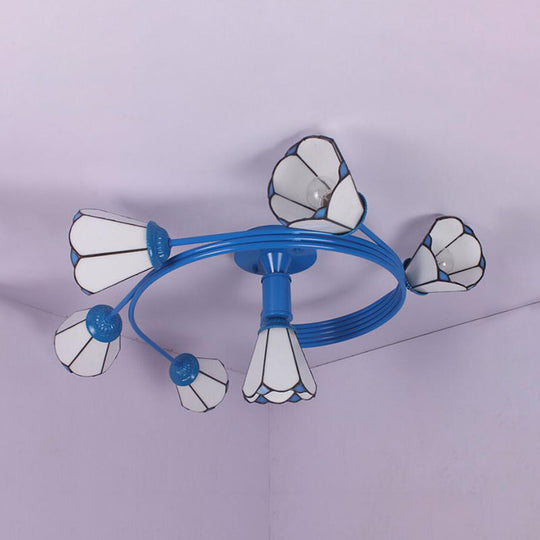 Tiffany Stained Glass Semi-Flush Light with White/Blue Motif - Ideal for Bedroom Ambiance