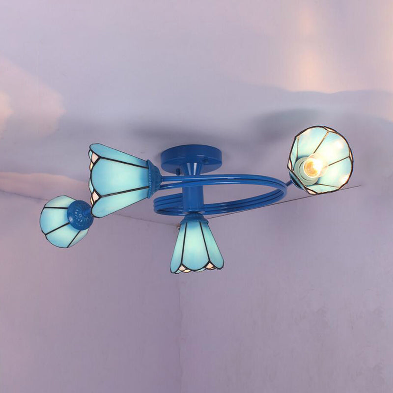 Tiffany Stained Glass Semi-Flush Light with White/Blue Motif - Ideal for Bedroom Ambiance