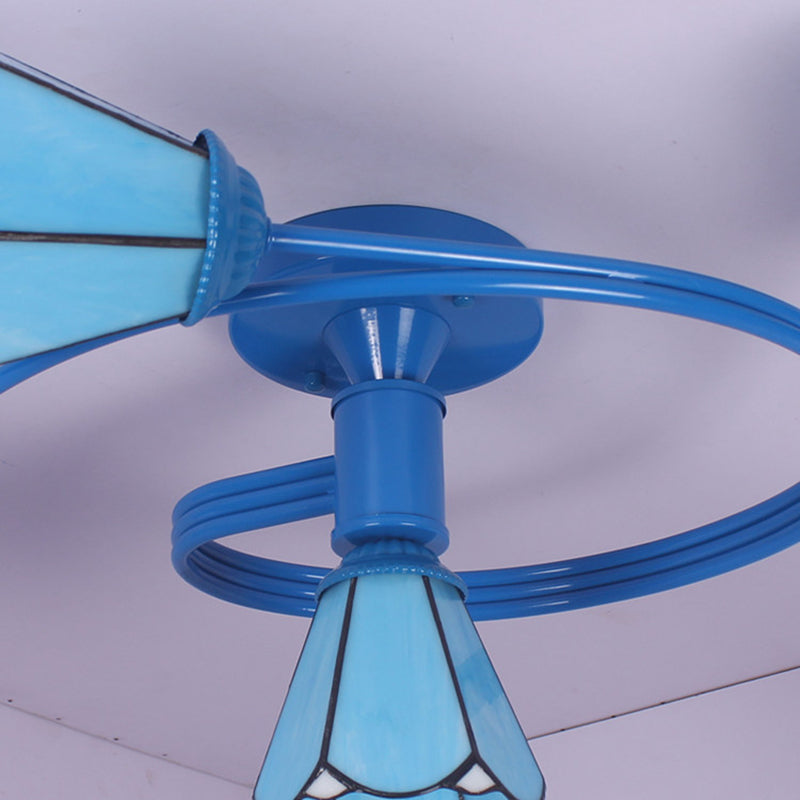 Tiffany Stained Glass Semi-Flush Light with White/Blue Motif - Ideal for Bedroom Ambiance