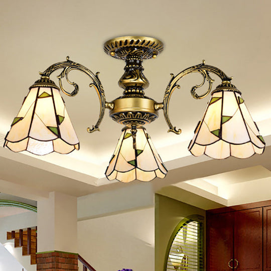 Beige Glass 3-Light Semi Flush Lamp in White/Antique Brass for Dining Room