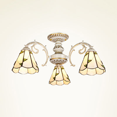 Beige Glass 3-Light Semi Flush Lamp in White/Antique Brass for Dining Room