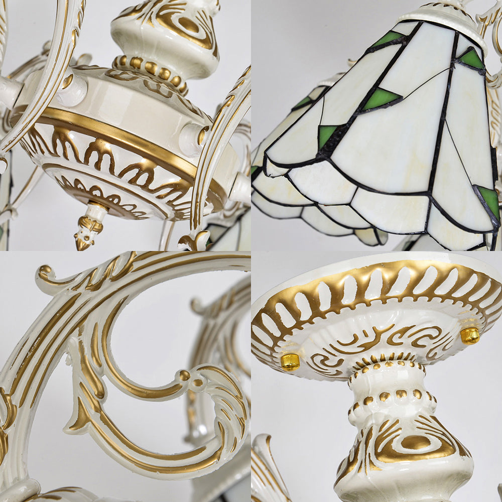 Vintage Lodge Stained Glass Semi Flush Ceiling Light in White/Antique Brass with Conical Design - 3/5 Heads for Foyer