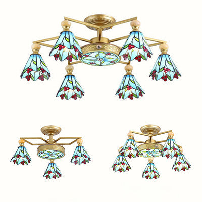 Blue Stained Glass Cone Semi Flush Lamp - Nautical Style Ceiling Light (4/6/7-Lights)