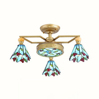 Blue Stained Glass Cone Semi Flush Lamp - Nautical Style Ceiling Light (4/6/7-Lights)