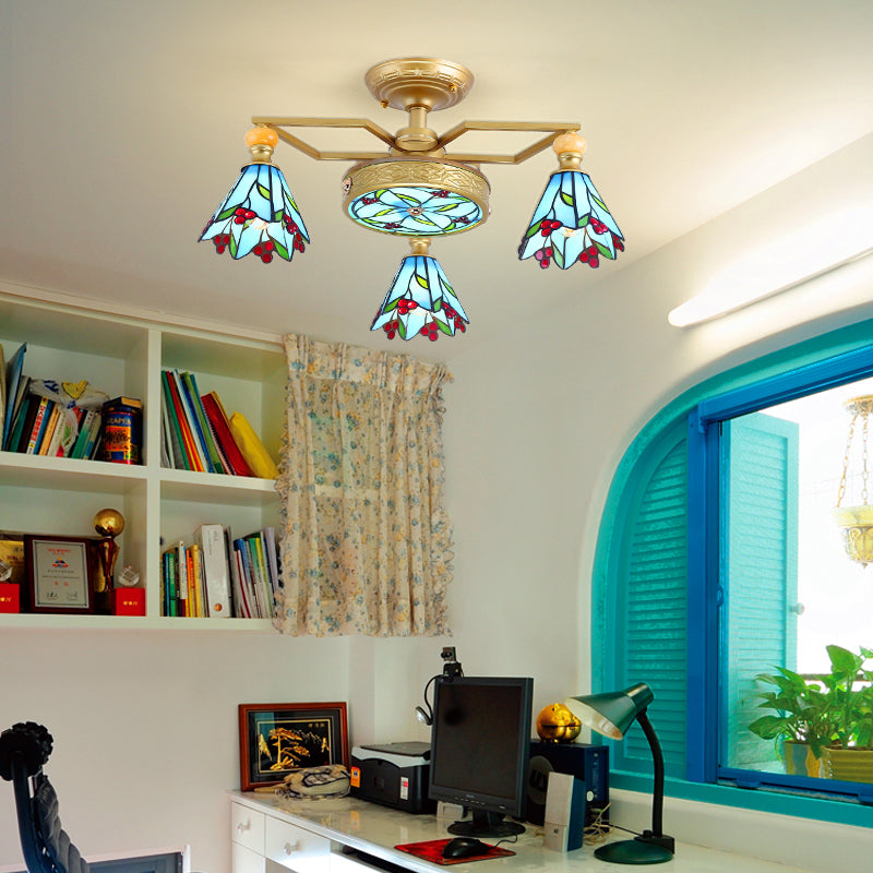 Nautical-Style Stained Glass Cone Semi Flush Lamp With 4/6/7 Blue Lights For Surface Mount Ceiling 4