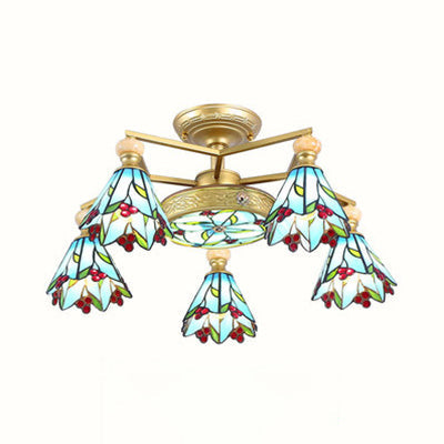 Nautical-Style Stained Glass Cone Semi Flush Lamp With 4/6/7 Blue Lights For Surface Mount Ceiling