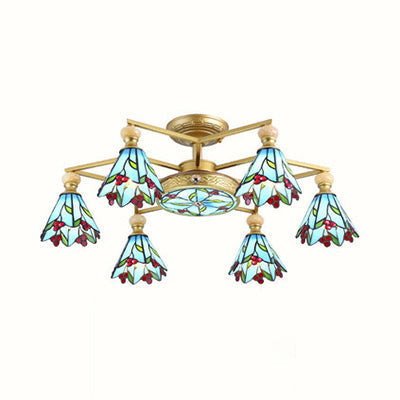 Nautical-Style Stained Glass Cone Semi Flush Lamp With 4/6/7 Blue Lights For Surface Mount Ceiling