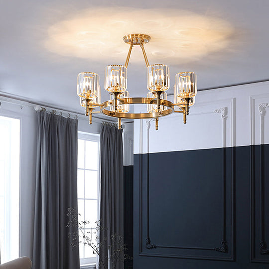 Modern Brass Faceted Crystal Cylinder Chandelier With 3/5/6 Bulbs - Ceiling Pendant Lighting