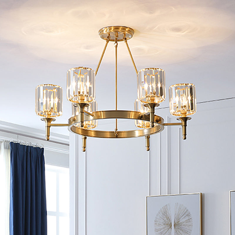 Modern Brass Faceted Crystal Cylinder Chandelier With 3/5/6 Bulbs - Ceiling Pendant Lighting