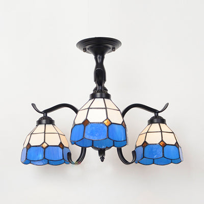 Tiffany Indoor Semi Flush Mount Ceiling Light with Stained Glass Design in Black - 3 Lights