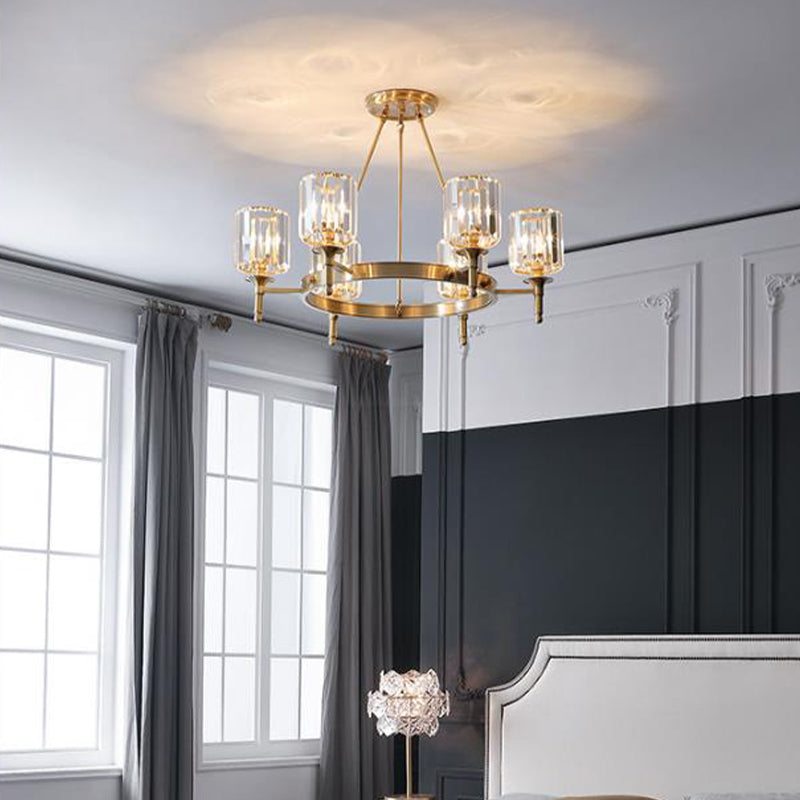 Modern Brass Faceted Crystal Cylinder Chandelier With 3/5/6 Bulbs - Ceiling Pendant Lighting