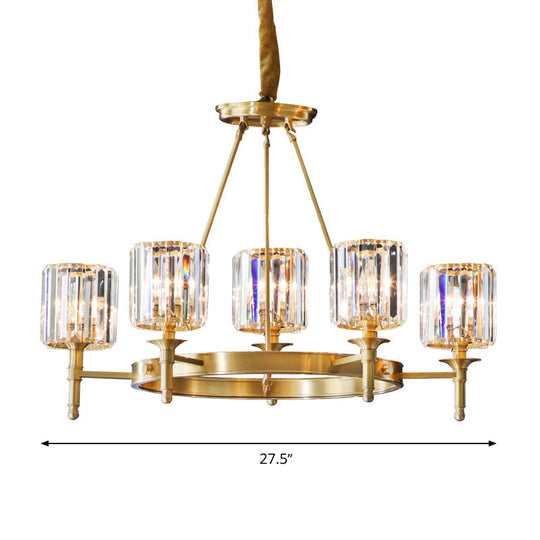 Modern Brass Faceted Crystal Cylinder Chandelier With 3/5/6 Bulbs - Ceiling Pendant Lighting